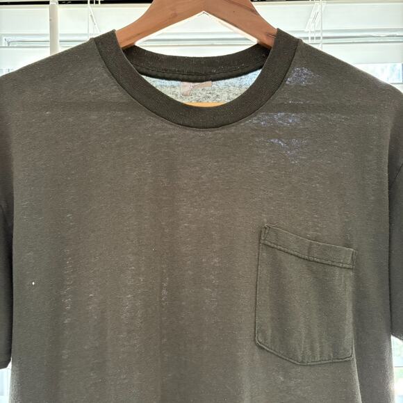 Vintage Paper Thin Burnout T-Shirt Size L 1980s Pocket Tee Olive Green Painter - Picture 1 of 6